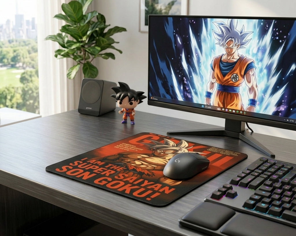 Dragon Ball Ultra Instinct Goku gaming mouse pad on a modern black desk setup with RGB keyboard, gaming mouse, anime wallpaper monitor, and Goku collectible figure