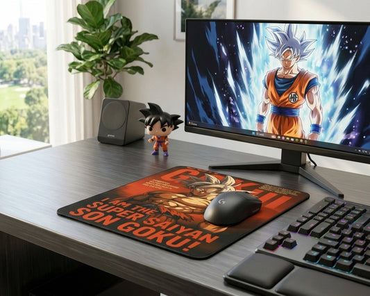 Dragon Ball Ultra Instinct Goku gaming mouse pad on a modern black desk setup with RGB keyboard, gaming mouse, anime wallpaper monitor, and Goku collectible figure