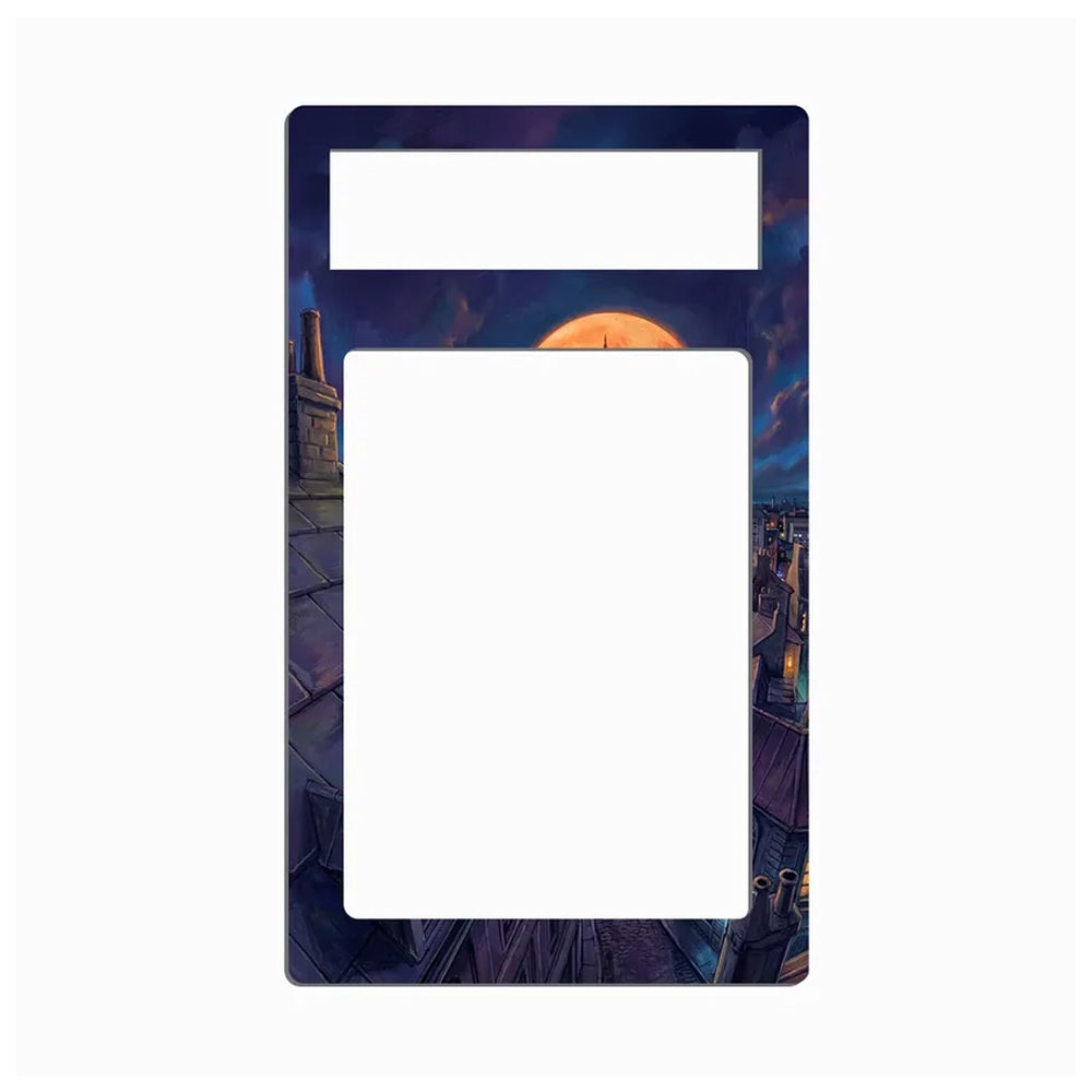 A decorative phone or tablet screen protector frame featuring an illustrated night sky scene with a large orange moon, dark clouds, and rooftops, shown on a plain white background.