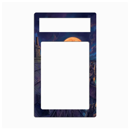 A decorative phone or tablet screen protector frame featuring an illustrated night sky scene with a large orange moon, dark clouds, and rooftops, shown on a plain white background.