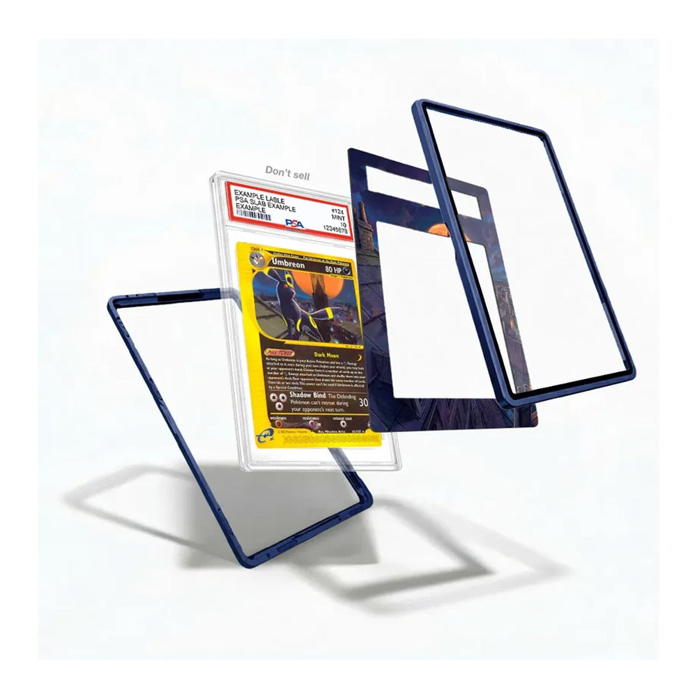 A clear acrylic display card holder with dark blue borders shown in an exploded view, displaying a graded Pokémon card inside. The product is shown floating against a clean white background with soft shadows.