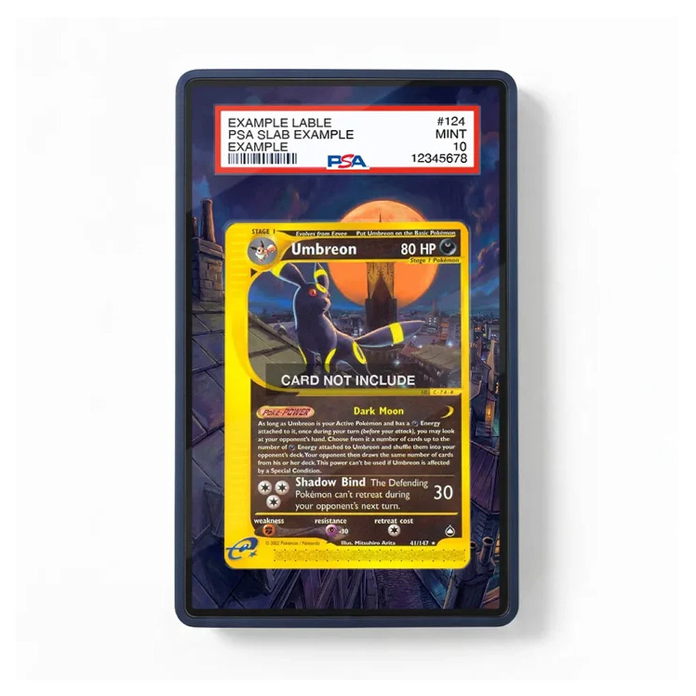 A PSA-graded trading card slab showing a Pokémon Umbreon card inside, photographed against a plain white background. The slab has a dark blue border and a red PSA grading label at the top with example text.