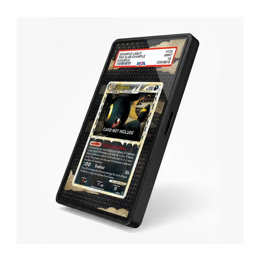 A black protective phone case with a textured honeycomb pattern and gold accents, shown holding a gold-bordered trading card. The case features a red and white PSA authentication label at the top, indicating it is a PSA-verified product.