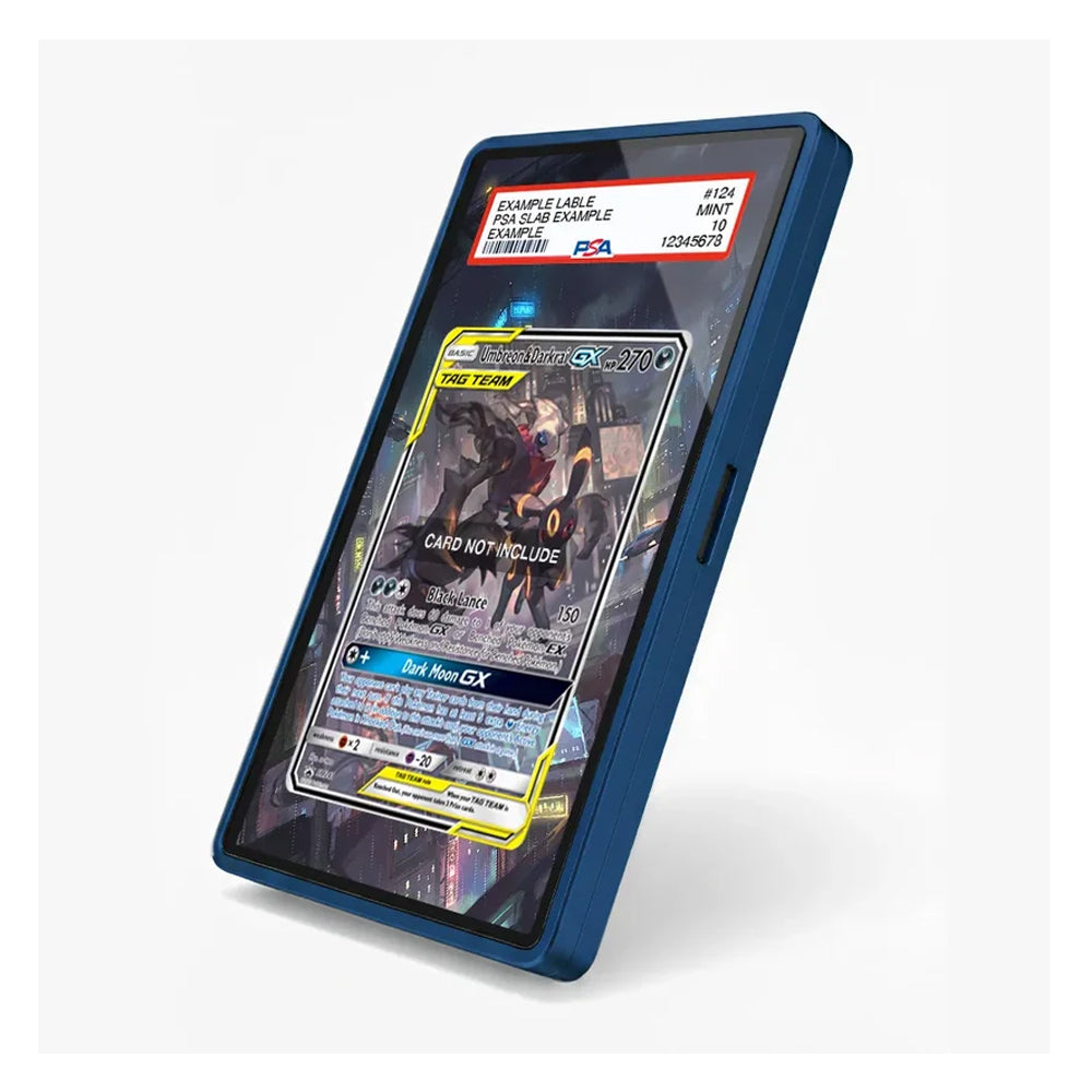 A blue protective smartphone case shown at an angle on a light gray background, with a sample Pokémon trading card partially visible through the screen cutout area.