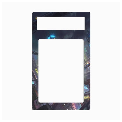 A decorative picture frame with a dark cyberpunk cityscape print, featuring a small rectangular cutout at the top and a larger vertical cutout in the center, shown on a plain white background.