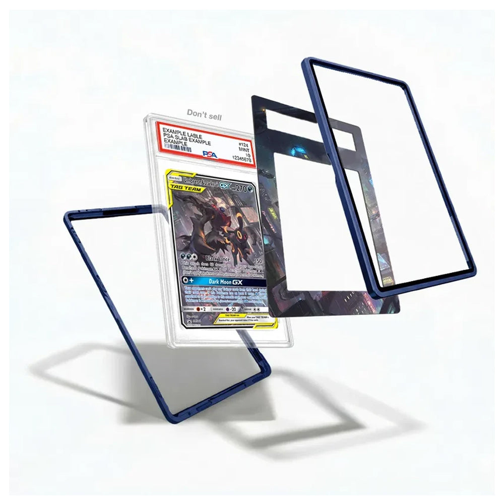 A clear acrylic display card sleeve with a dark blue border, shown holding a graded Pokémon TCG card. The product is displayed in three floating angles against a clean white background, with a 'Don't sell it!' sticker visible on the card insert.