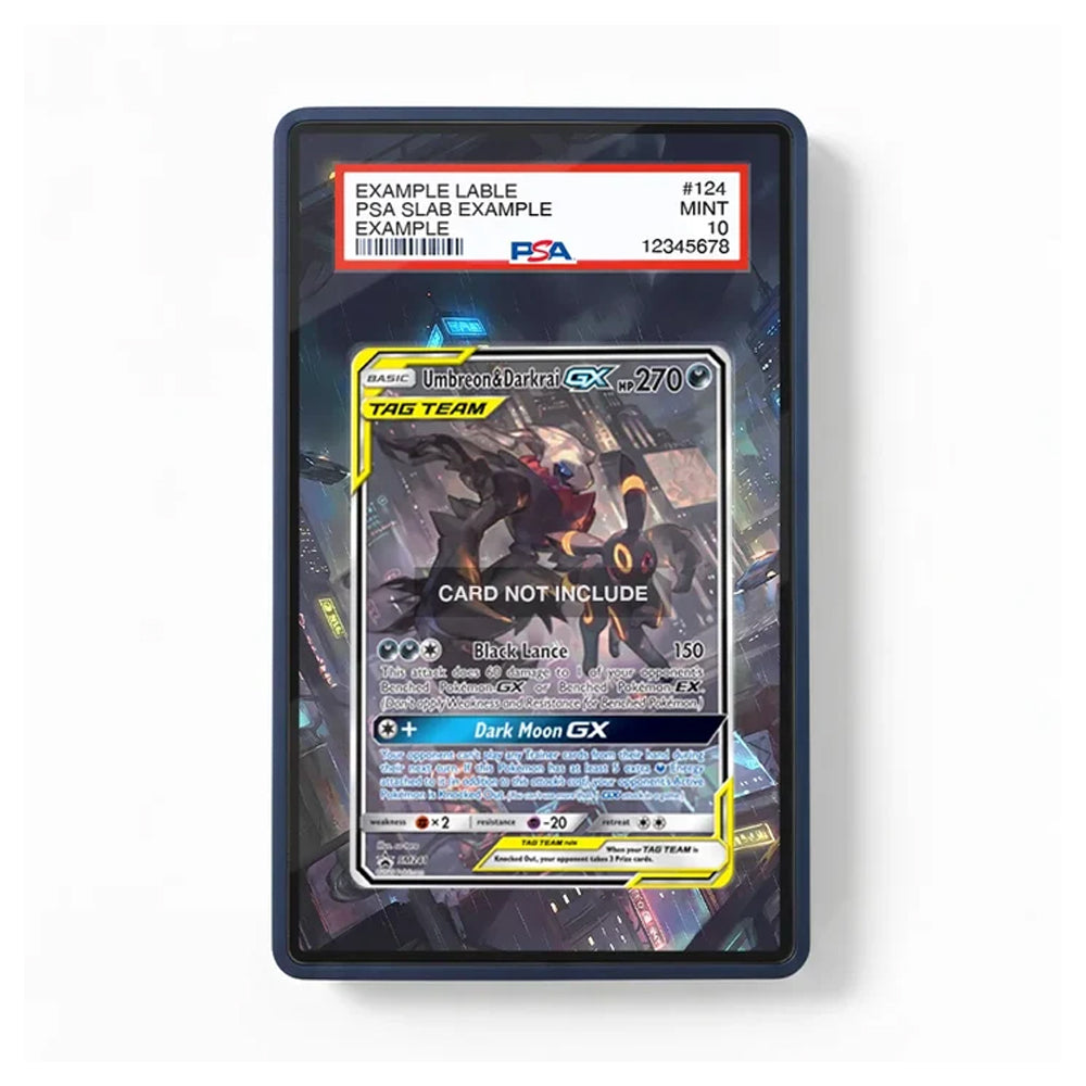 A PSA-graded trading card slab showing a Pokémon TCG card with a printed placeholder note that says 'CARD NOT INCLUDE' and example grading details, photographed against a plain white background.