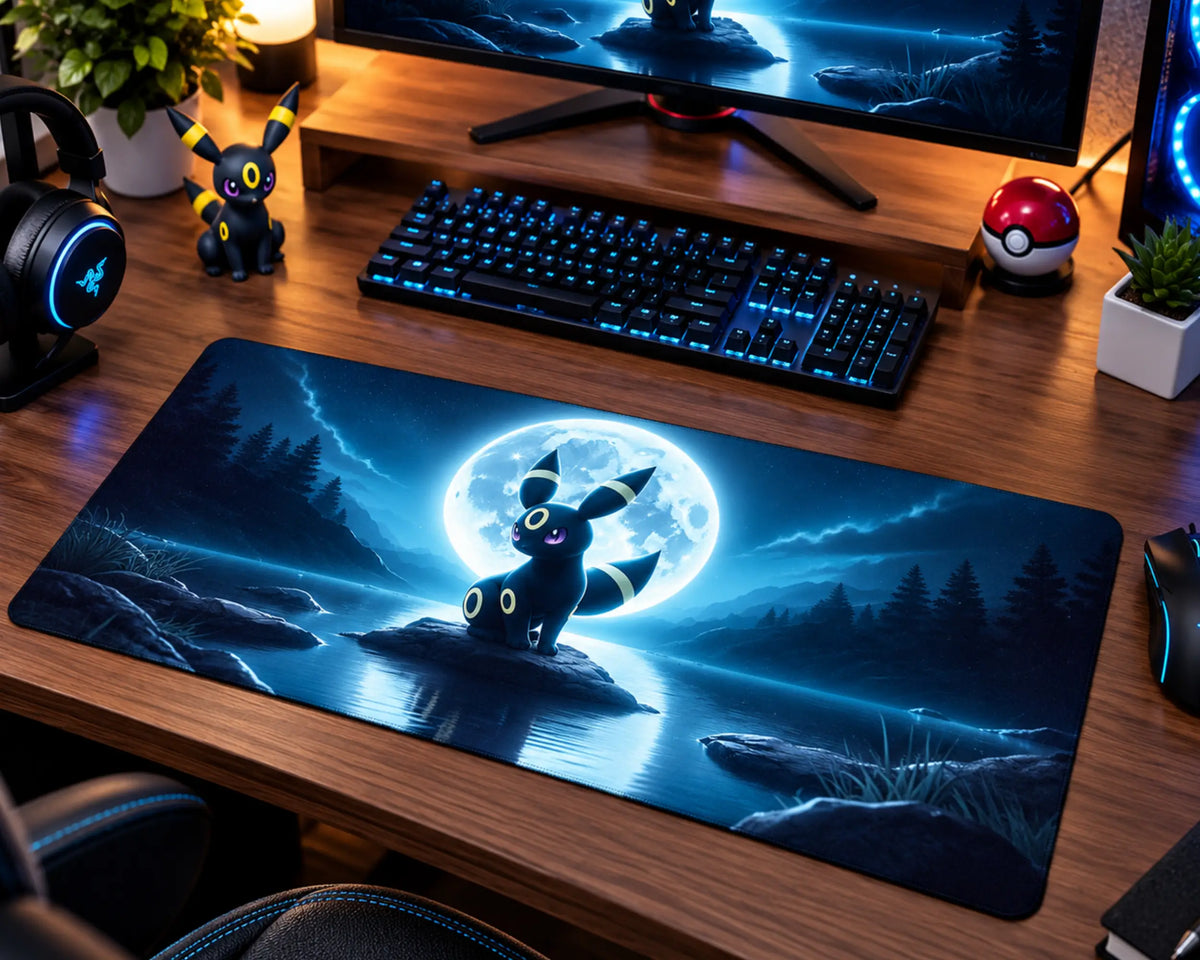 Umbreon standing on a rocky lakeside beneath a large glowing full moon, with blue moonlight reflecting across the water, dark mountains, pine forest silhouettes, and a starry night sky.