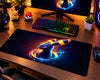 Umbreon with glowing pink eyes and yellow ring markings, surrounded by flowing neon blue and orange energy trails and sparkling light effects against a dark background on a Pokemon gaming mouse pad.