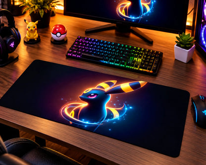Umbreon with glowing pink eyes and yellow ring markings, surrounded by flowing neon blue and orange energy trails and sparkling light effects against a dark background on a Pokemon gaming mouse pad.