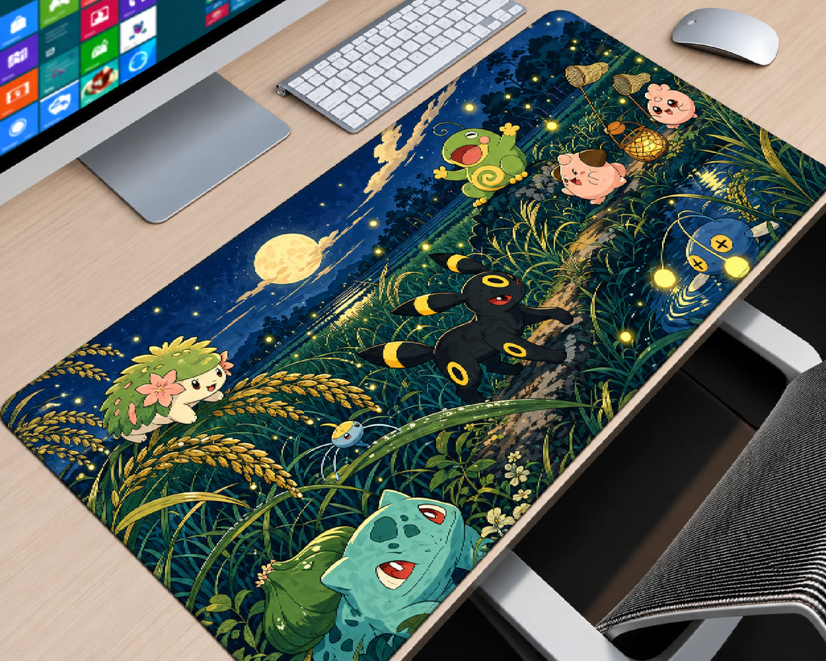 Umbreon Pokémon moonlit forest gaming mouse pad featuring Umbreon, Bulbasaur, Chikorita, Jigglypuff, and other Pokémon beneath a glowing full moon surrounded by lush foliage and sparkling golden lights.