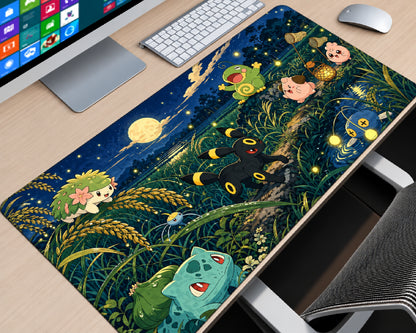 Umbreon Pokémon moonlit forest gaming mouse pad featuring Umbreon, Bulbasaur, Chikorita, Jigglypuff, and other Pokémon beneath a glowing full moon surrounded by lush foliage and sparkling golden lights.