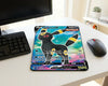 Umbreon V Pokémon card inspired mouse pad on a clean white desk setup with black mechanical keyboard, wireless mouse, and minimalist monitor workspace