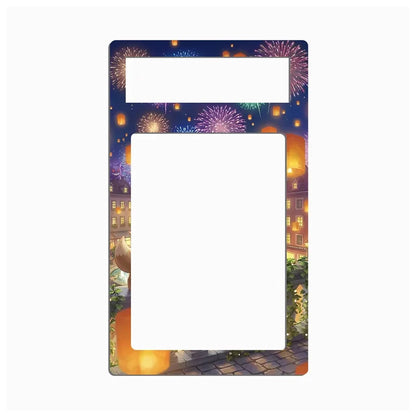 A decorative rectangular frame or mat with rounded corners, featuring a printed night scene of fireworks over a city street with glowing lanterns and buildings. The top and center areas are blank white spaces, likely for mounting or customization.