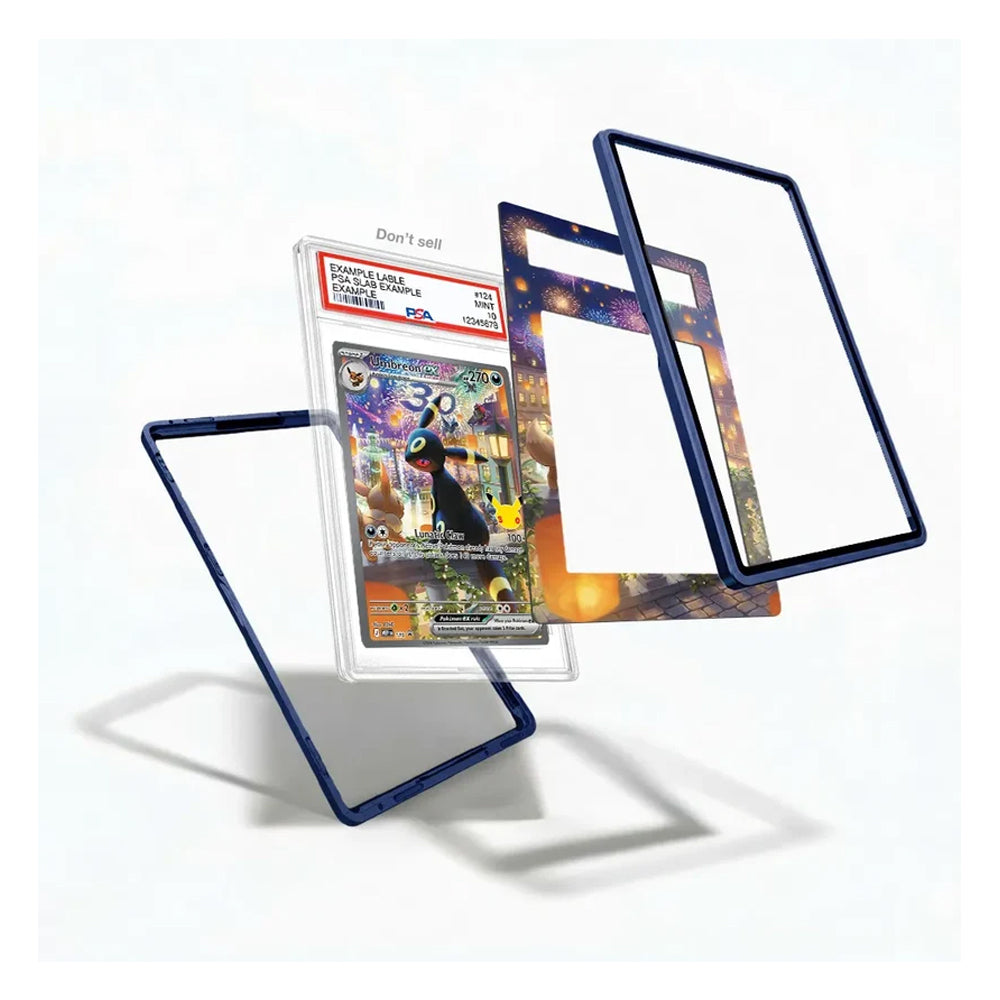 Three custom protective frames for collectible trading cards are shown floating against a white background, with one frame partially enclosing a graded PSA-10 Super Soldier card.