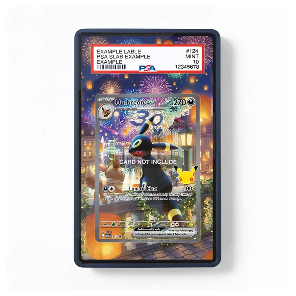 A graded Pokémon trading card slab showing a Umbreon card, with a PSA rating label at the top and a clear protective case around the card, photographed on a white background.