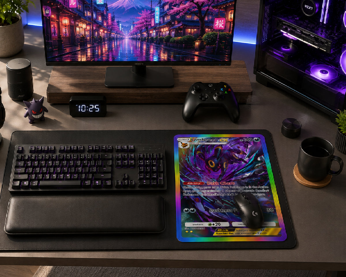 A gaming desk setup featuring a large holographic mouse pad with a colorful fantasy creature graphic, a black keyboard, a black mouse, and a black game controller on a dark desk. A computer monitor, speakers, and a PC case with purple lighting are visible in the background.