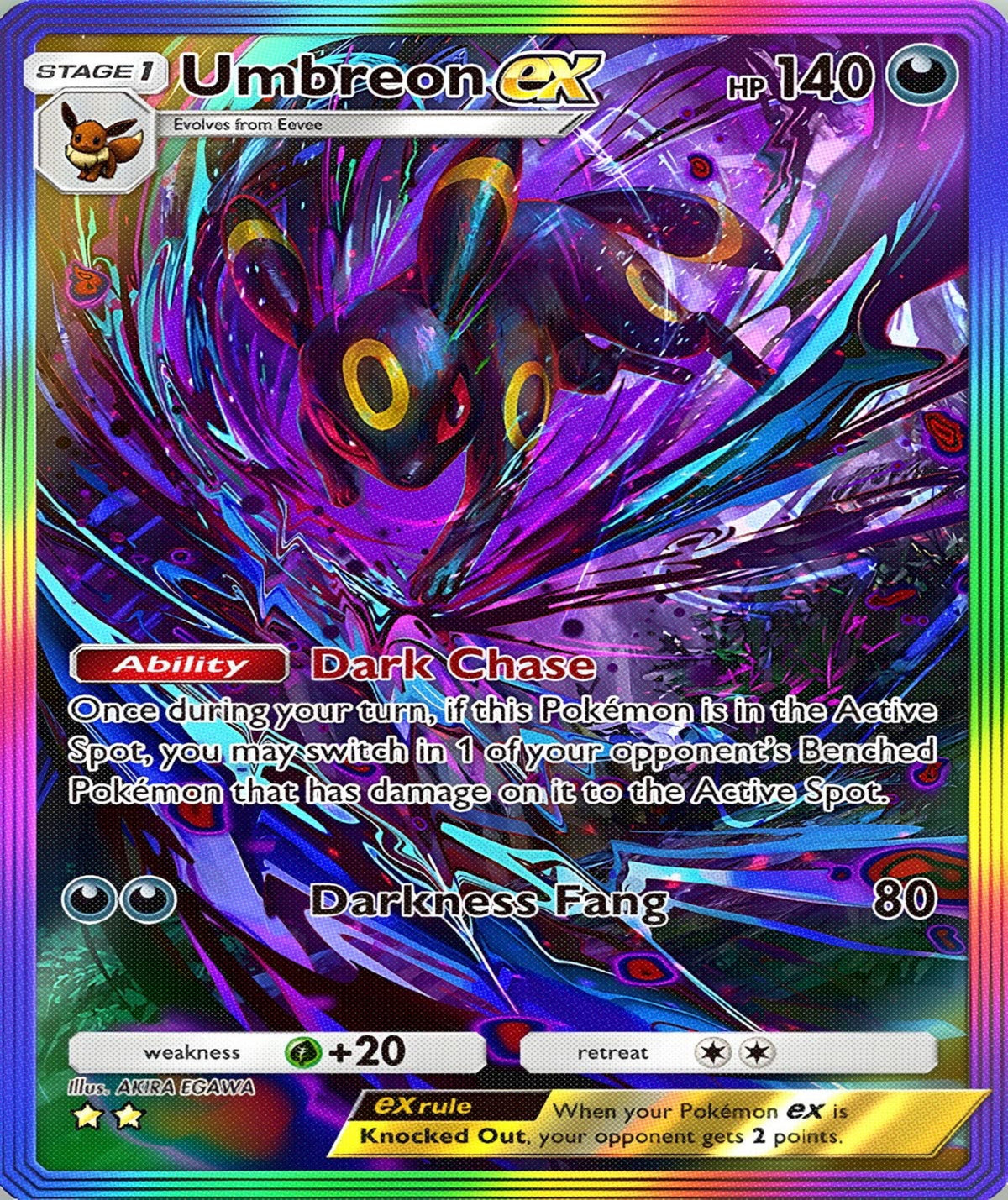 A holographic Pokémon trading card featuring Umbreon EX, a Stage 1 Dark-type Pokémon. The card has a vibrant purple and blue swirling energy illustration with a rainbow iridescent border and holographic foil reflections.