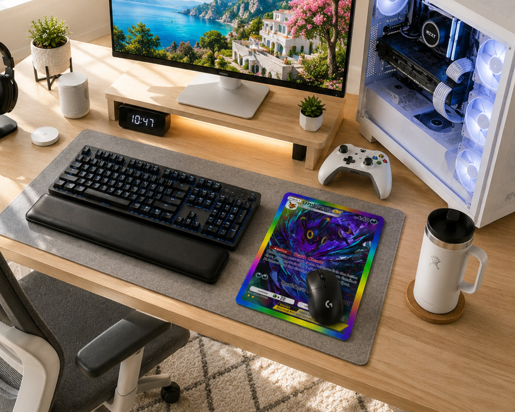 A styled home office desk setup featuring a large gray desk mat with a black keyboard and a colorful iridescent mousepad with a black mouse. A white gaming PC with illuminated internal fans, a computer monitor, a white controller, and a white coffee mug are arranged on a light wood desk.