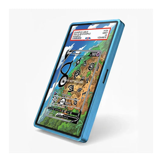 A blue protective phone case shown at an angle on a light gray background, with a colorful game-style screen mockup displayed on the phone inside.