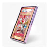 A purple smartphone displaying a colorful anime trading card game screen, shown at an angle on a clean white background.