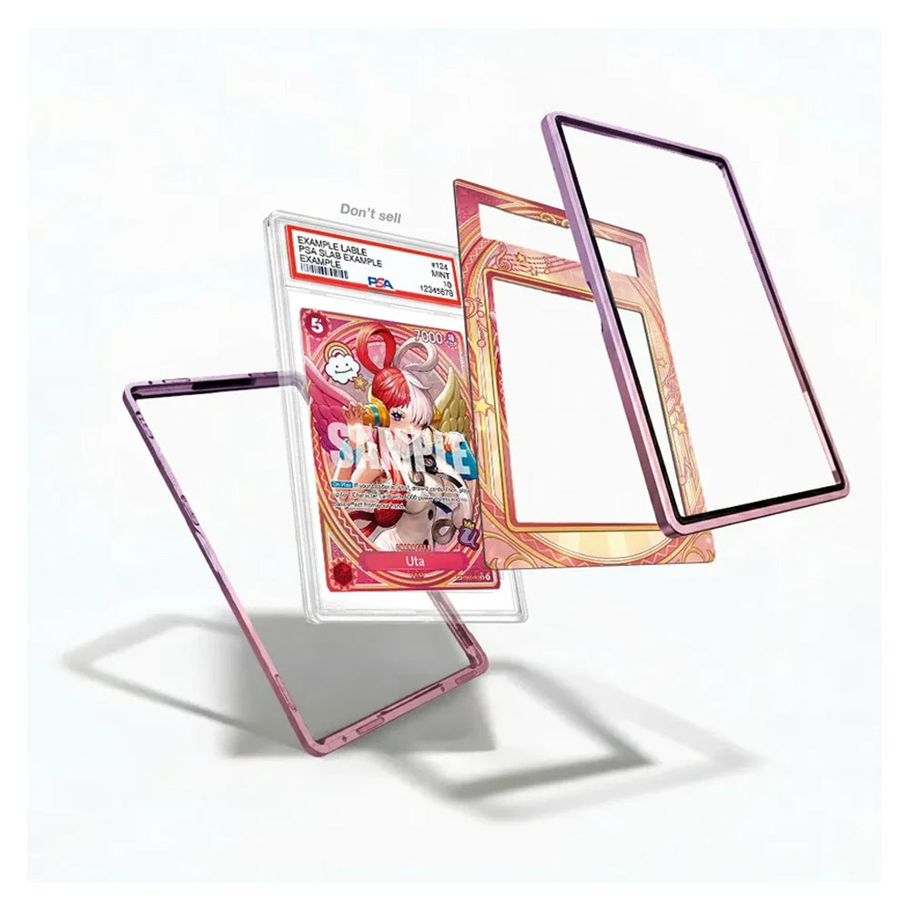 A set of three transparent protective card sleeves with pink and gold metallic borders, shown floating around a graded Samye comic book in a plastic holder on a white background.