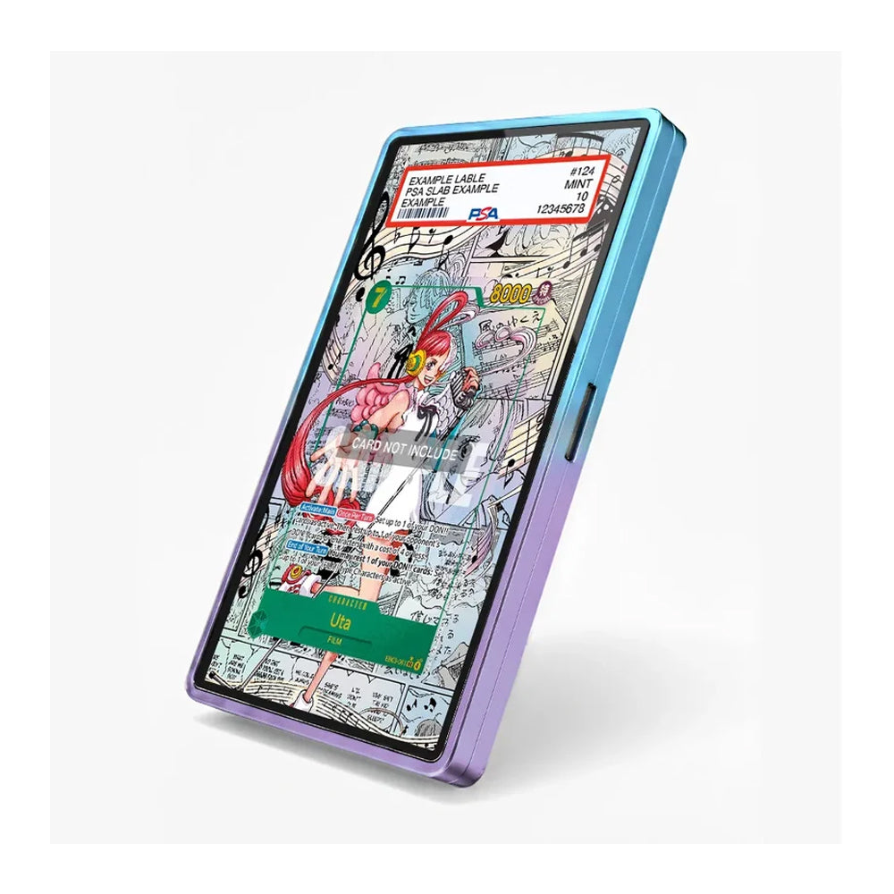 A slim smartphone shown at an angle on a light gray background. The phone has a colorful gradient frame transitioning from blue at the top to purple at the bottom.