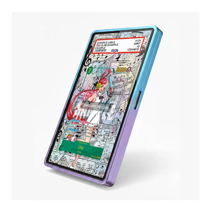 A slim smartphone shown at an angle on a light gray background. The phone has a colorful gradient frame transitioning from blue at the top to purple at the bottom.