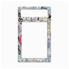 A rectangular picture frame with a music-themed pattern featuring musical notes, clefs, sheet music, and small illustrations on a light background.
