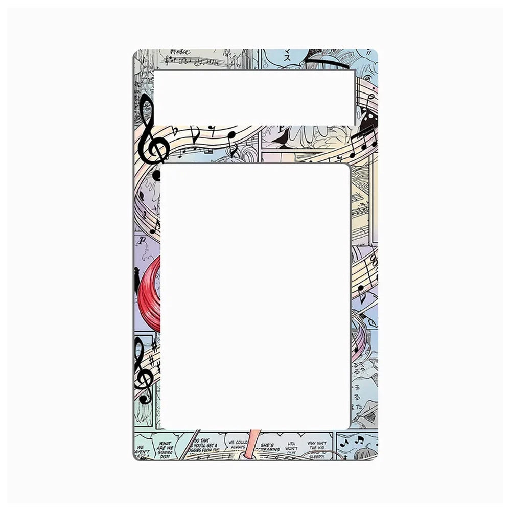 A rectangular picture frame with a music-themed pattern featuring musical notes, clefs, sheet music, and small illustrations on a light background.