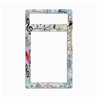 A rectangular picture frame with a music-themed pattern featuring musical notes, clefs, sheet music, and small illustrations on a light background.