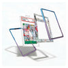 Four decorative smartphone frame cases floating in mid-air against a white background, each with a different color gradient and artistic print design. A collectible graded card is placed in the center behind one case.