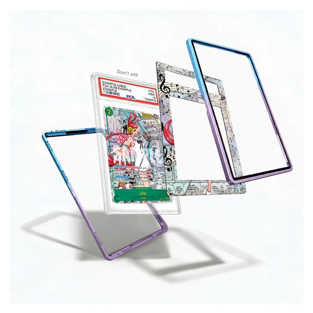 Four decorative smartphone frame cases floating in mid-air against a white background, each with a different color gradient and artistic print design. A collectible graded card is placed in the center behind one case.