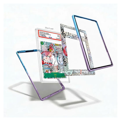 Four decorative smartphone frame cases floating in mid-air against a white background, each with a different color gradient and artistic print design. A collectible graded card is placed in the center behind one case.