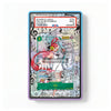 A rectangular card sample holder or display tray with a colorful illustrated card collage inside, shown on a plain white background. The tray has a blue-to-purple gradient border and a sample label at the top reading 'EXAMPLE LABLE' and 'PCA SLAB EXAMPLE'.