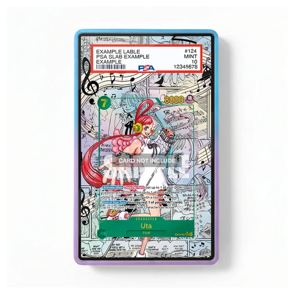 A rectangular card sample holder or display tray with a colorful illustrated card collage inside, shown on a plain white background. The tray has a blue-to-purple gradient border and a sample label at the top reading 'EXAMPLE LABLE' and 'PCA SLAB EXAMPLE'.