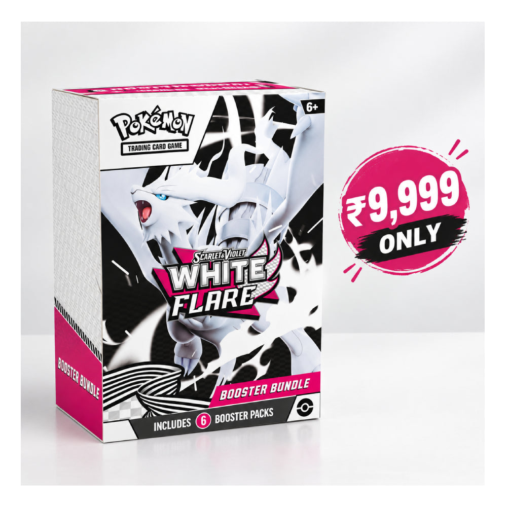 Pokémon Trading Card Game Serenity Dawn White Flare Booster Bundle box shown on a light gray background with a pink price badge reading '¥9,999 ONLY' to the right.