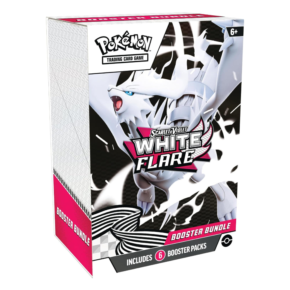 Pokémon Trading Card Game Scarlet & Violet White Flare Booster Bundle box, featuring a white and black design with a pink accent and an illustration of the White Flare character.