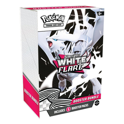 Pokémon Trading Card Game Scarlet & Violet White Flare Booster Bundle box, featuring a white and black design with a pink accent and an illustration of the White Flare character.