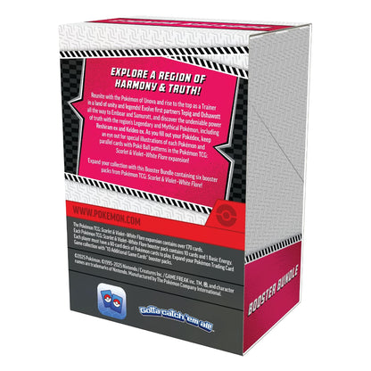 A 3D box mockup for a Pokémon TCG booster bundle, showing the back and side panels. The box features a black, white, and red design with a Pokémon logo and the text 'BOoster BUNDLE'.