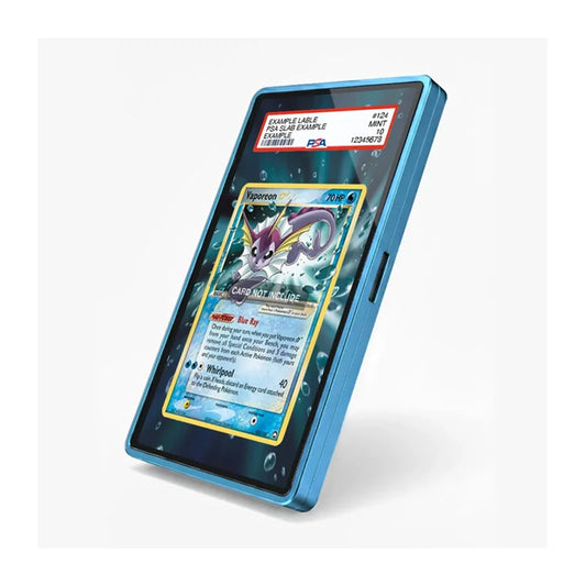 A blue protective case for a smartphone, shown at an angle on a light gray background. The screen displays a sample Pokémon trading card, and a PSA authentication label is visible at the top of the screen.