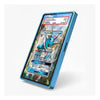 A blue protective case for a smartphone, shown standing at an angle on a light gray background. The screen of the phone displays a sample Vaporeon EX trading card from the Pokemon GX game series.