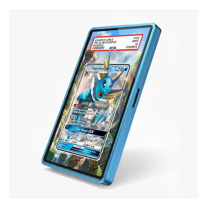 A blue protective case for a smartphone, shown standing at an angle on a light gray background. The screen of the phone displays a sample Vaporeon EX trading card from the Pokemon GX game series.