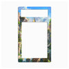 A rectangular picture frame with rounded corners, featuring a colorful fantasy landscape border. The top section shows a blue sky with clouds, while the sides depict stone ruins and green foliage.