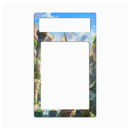 A rectangular picture frame with rounded corners, featuring a colorful fantasy landscape border. The top section shows a blue sky with clouds, while the sides depict stone ruins and green foliage.