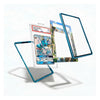A clear protective case with a bright blue frame and a printed Pokémon card insert, shown floating against a white background with additional transparent and patterned insert panels around it.