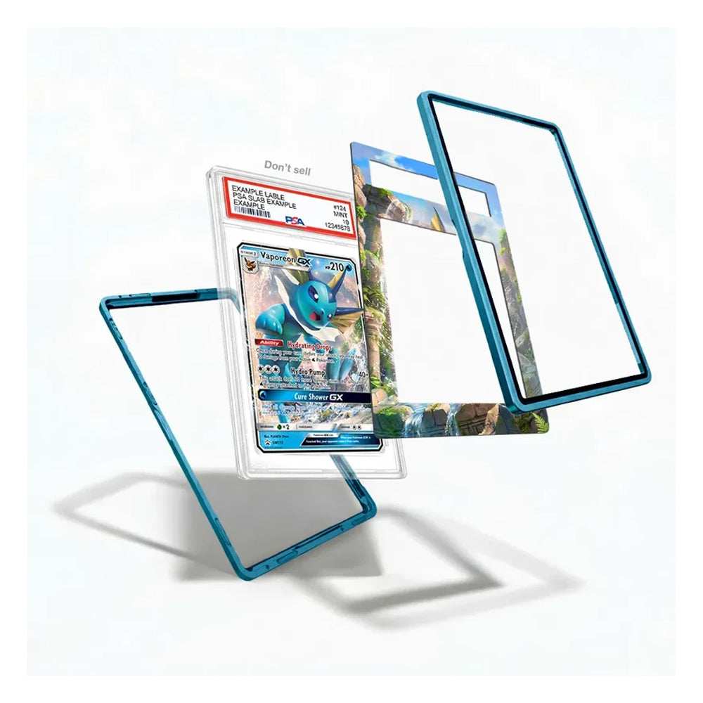 A clear protective case with a bright blue frame and a printed Pokémon card insert, shown floating against a white background with additional transparent and patterned insert panels around it.