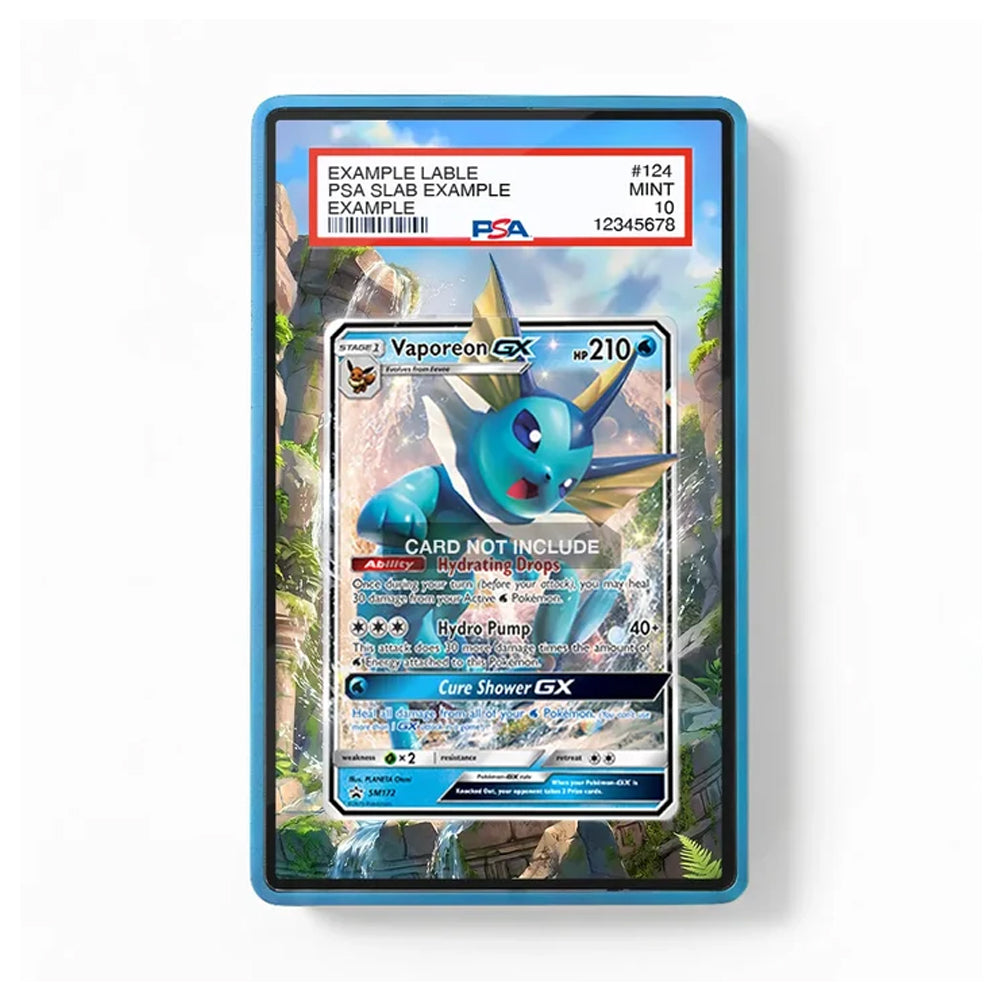 A PSA graded protective card slab containing a Vaporeon GX trading card, shown against a clean white background. The slab has a blue border and a red header label at the top with PSA branding and grading details.