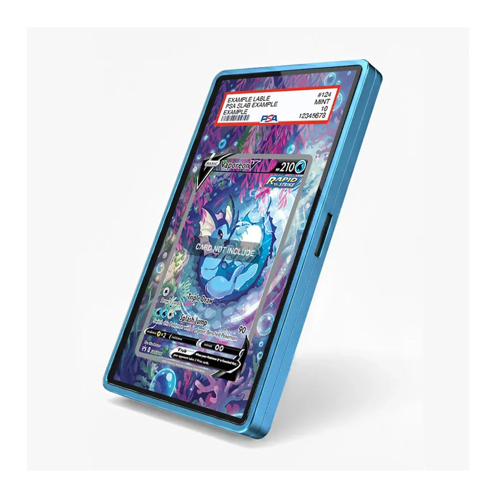 A blue protective frame or case for a tablet, shown at an angle on a light gray background. The screen displays a colorful card game interface, and a red and white sample label is visible at the top of the screen.