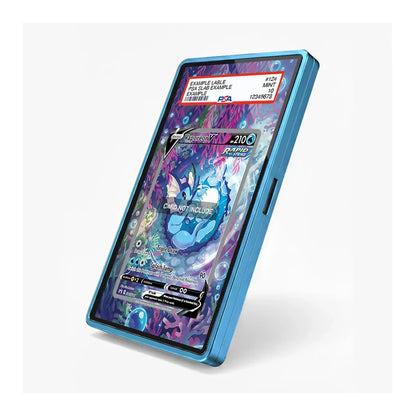 A blue protective frame or case for a tablet, shown at an angle on a light gray background. The screen displays a colorful card game interface, and a red and white sample label is visible at the top of the screen.